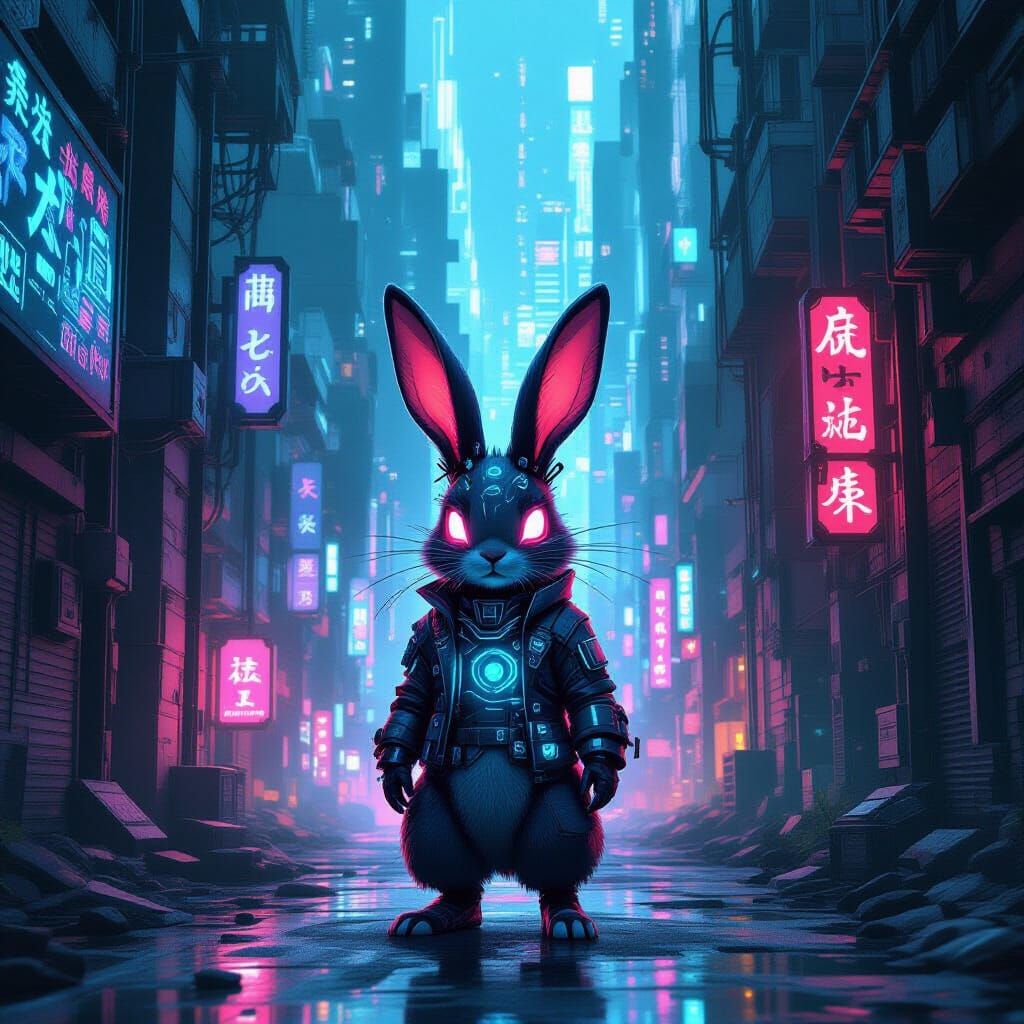 Cyberpunk Bunny Guarding Neon Lab Entrance