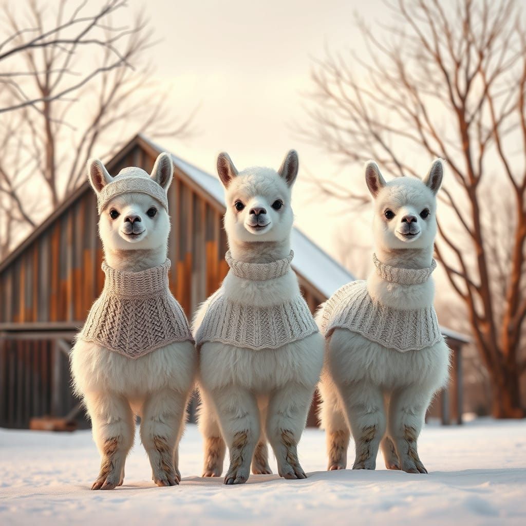 Whimsical Winter Scene of Mini Llamas in Snowy Landscape