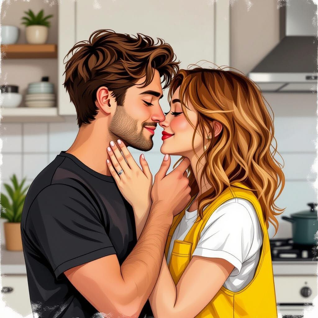Tender Kiss in Kitchen: Hyperdetailed Charcoal Drawing