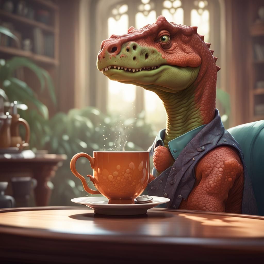 Cartoon Dinosaur Portrait with Tea Cup