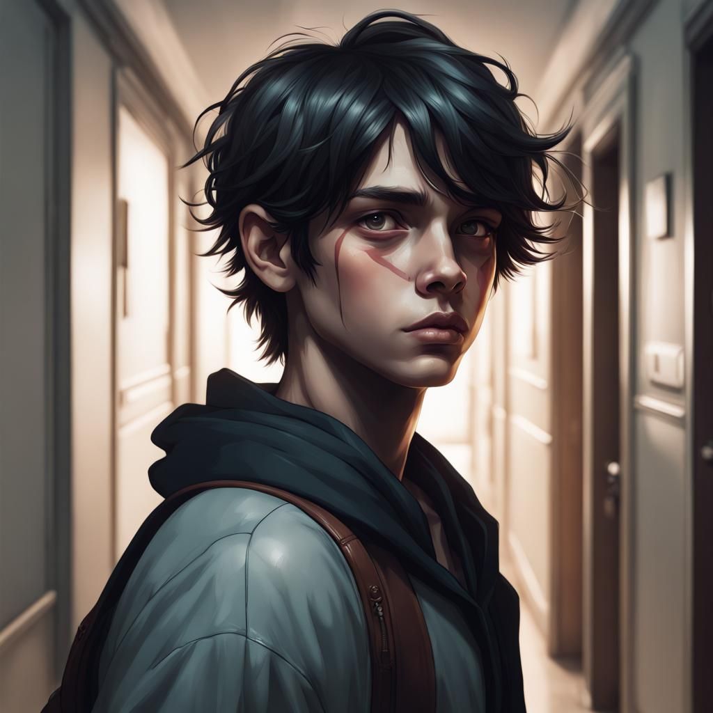 Floating Boy with Black Eyes in School Hallway