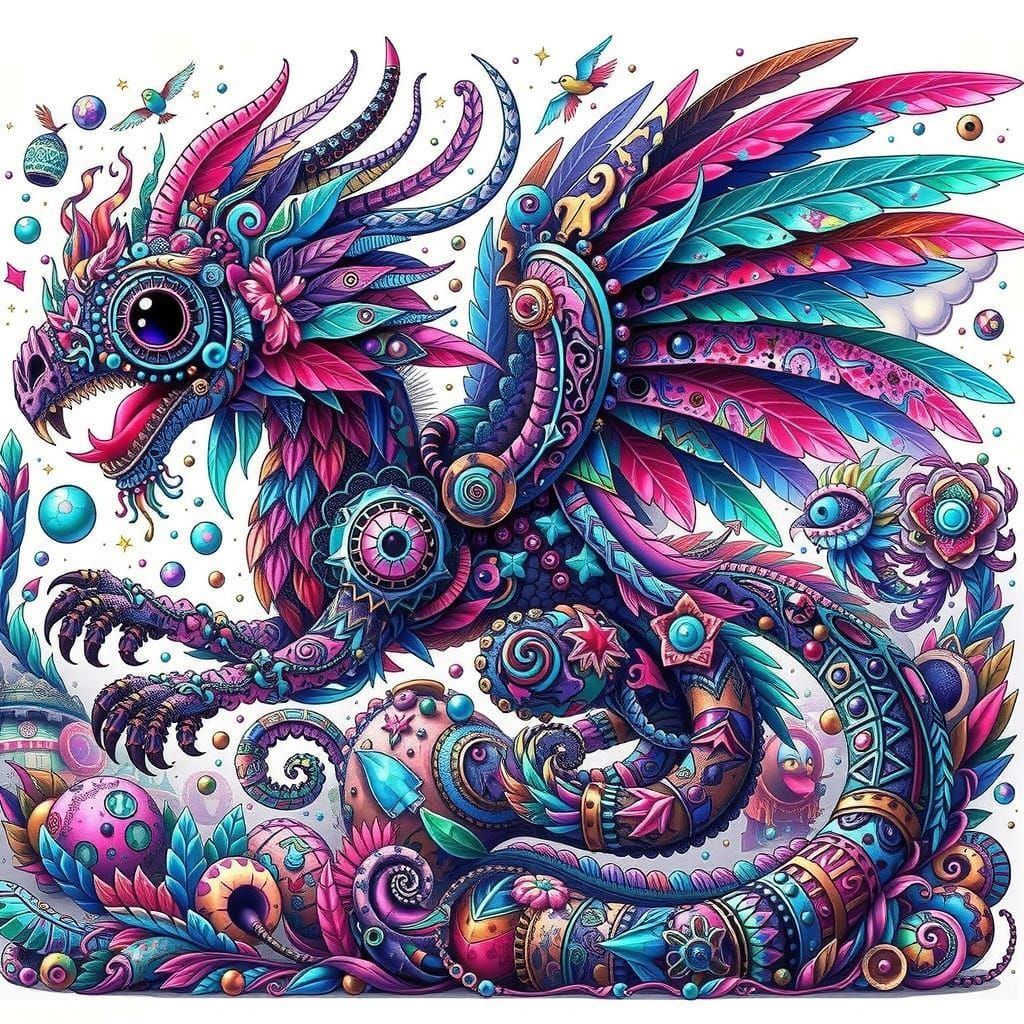 Whimsical Goth Quetzalcoatl in Vibrant Cutecore Style