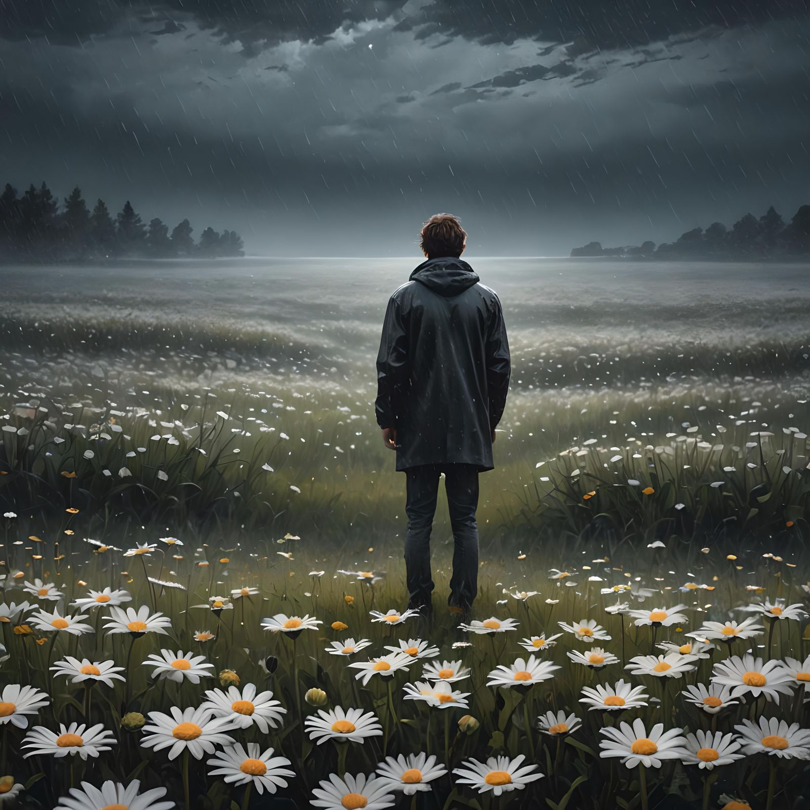 Solitary Man in Rainy Daisy Field: Realistic Style