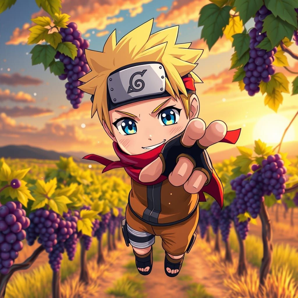 Chibi Naruto in Vibrant Vineyard Sunset