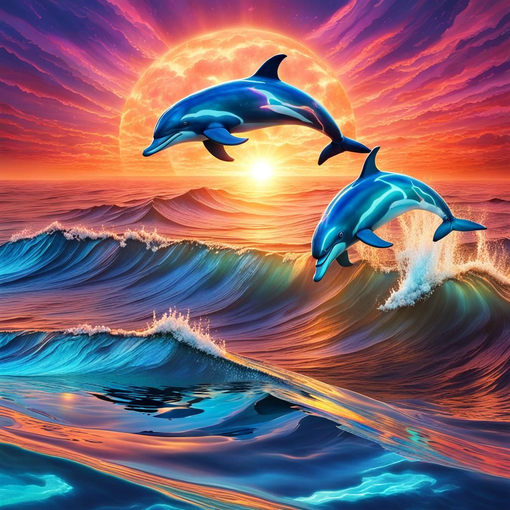 Dolphins Surfing Sunset Waves: Holographic Astral Illustrati...