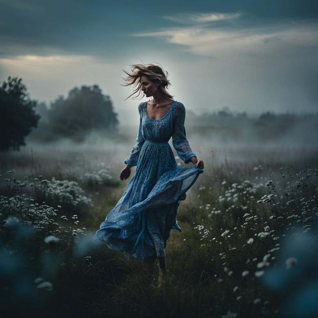 Barefoot Woman Dancing in Mist, Flowing Blue Dress