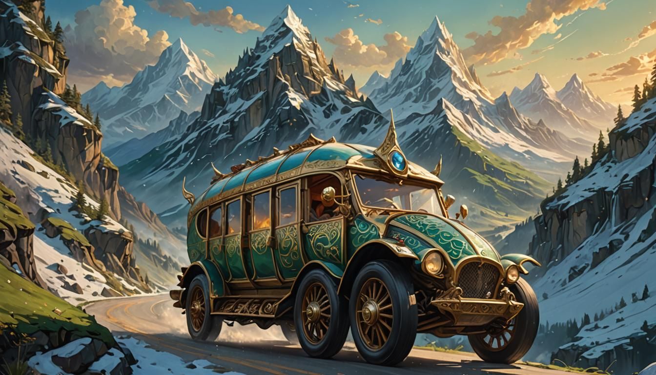 Elven Vehicle on Mountain Road in Fantasy Art