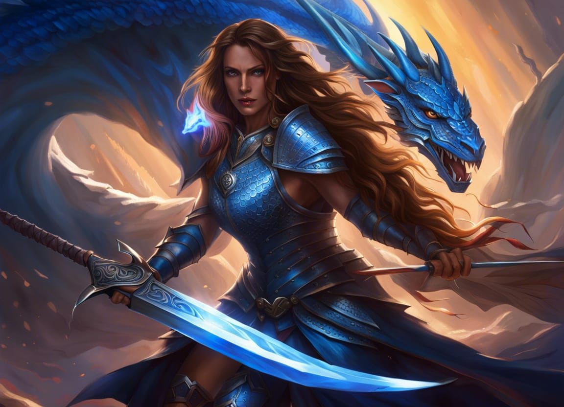 female warrior and blue dragon