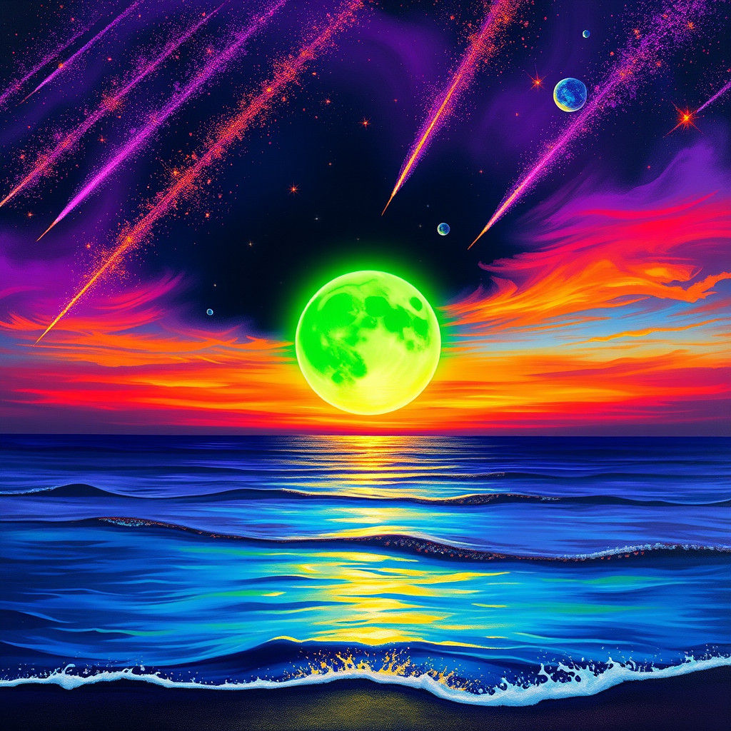 Neon Moon Descends in Celestial Seascape