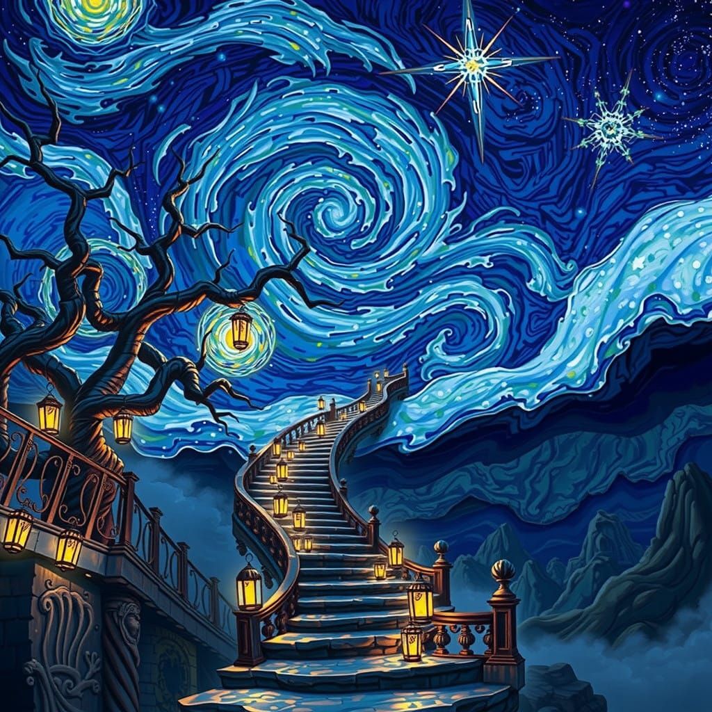 Dreamlike Staircase Rises into the Darkness in Matte Paintin...