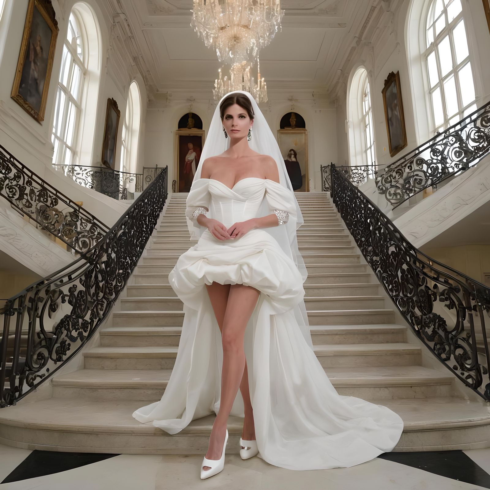 Bride in White Dress on Grand Staircase