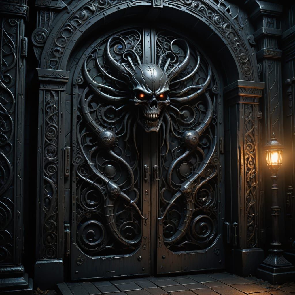 Metal Gate Opens to Dark Passageway in Biomechanical Style