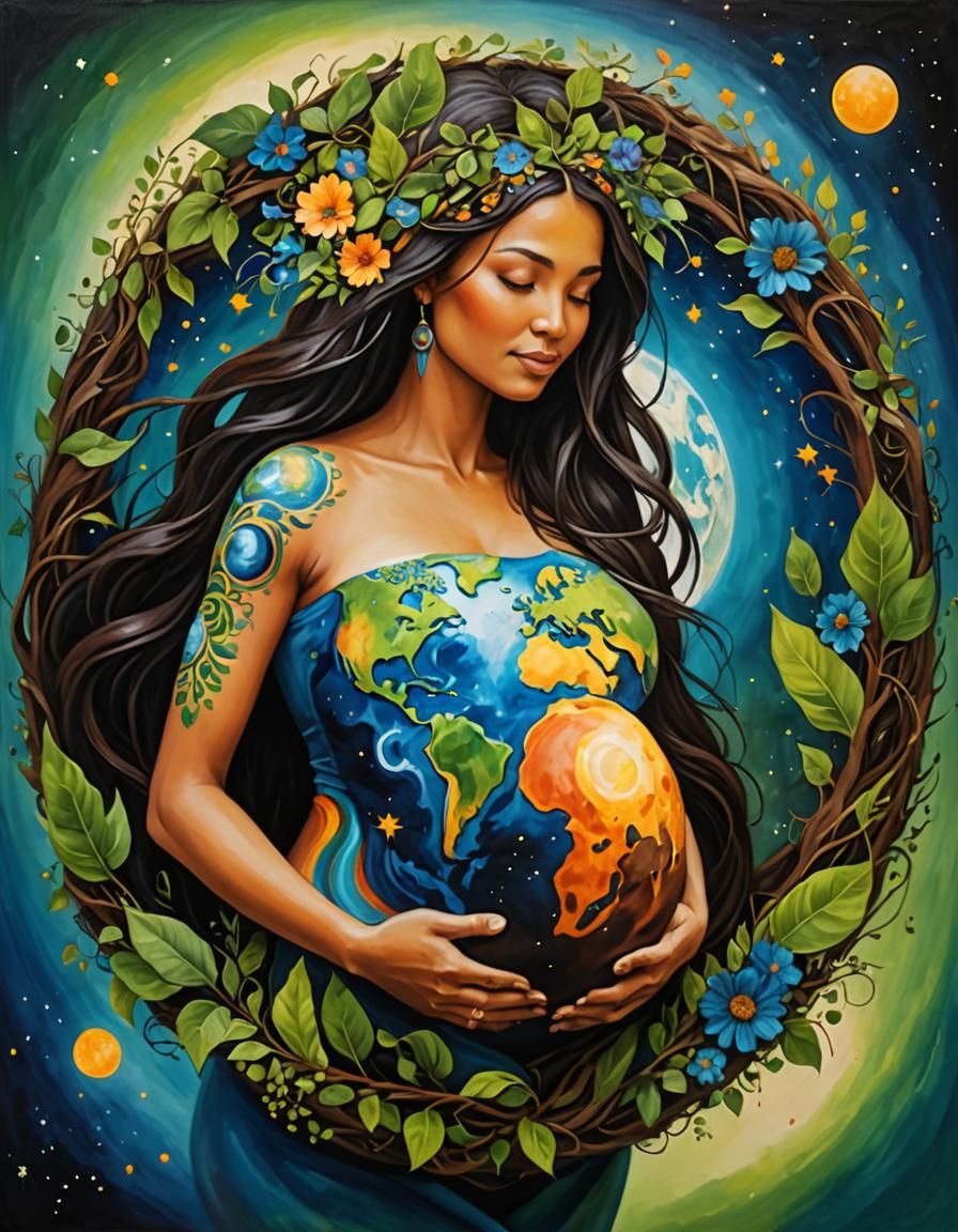 Pregnant Mother Earth with Earth-Painted Belly