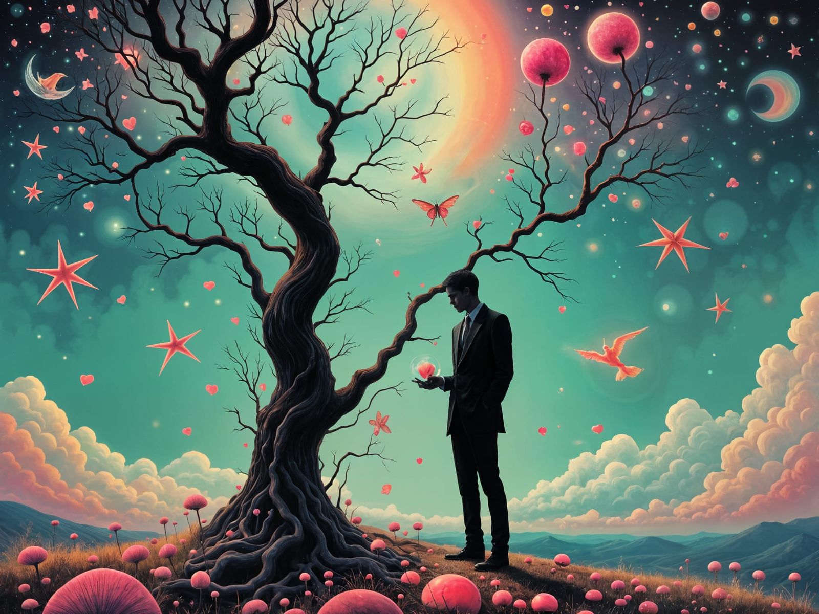 Surreal Landscape of Pills Floating in a Dark Sky