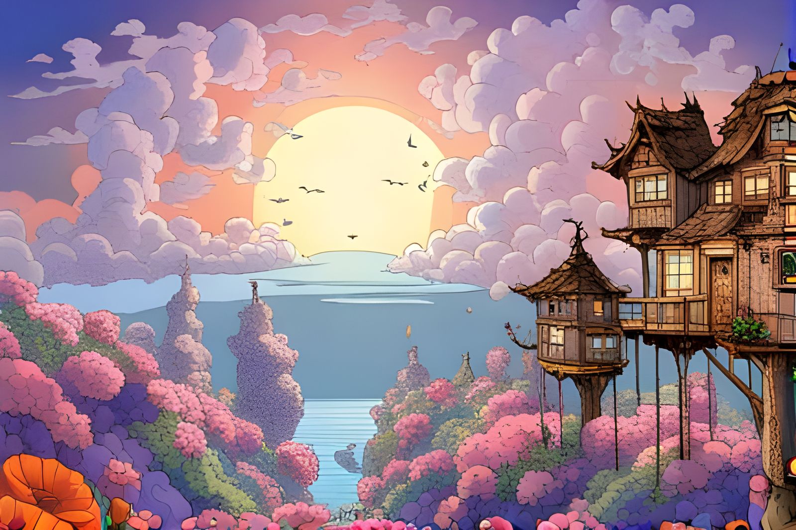 Enchanting Fantasy Landscape with Whimsical Treehouse