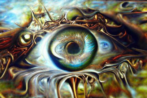 Demon Trapped in Eye: Surreal Metallic Oil Painting
