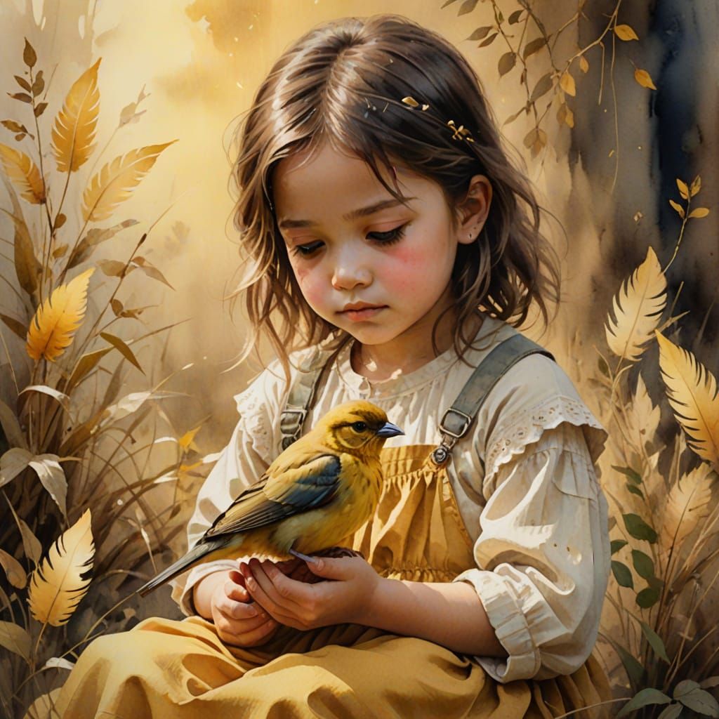Child Holding Bird in Ethereal Oil Painting Style