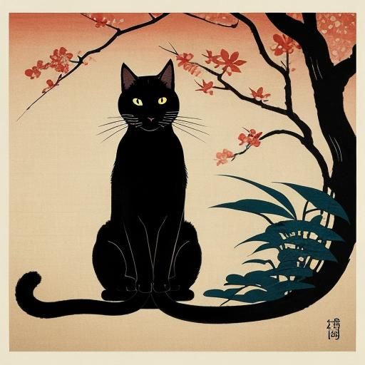 Meditating Cat in Japanese Woodblock Style