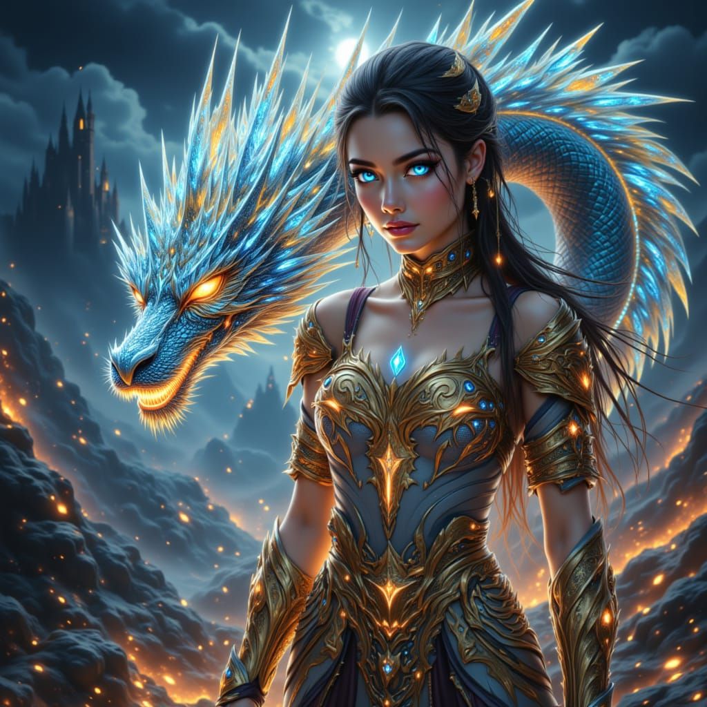 Warrior Princess with Dragon in Anime Style