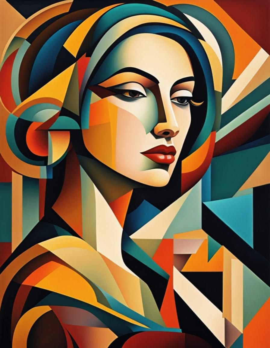 Cubist Portrait of Woman in Geometric Art Deco Style