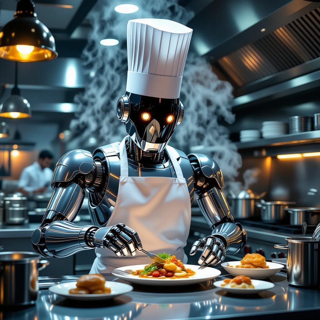Futuristic Robot Chef in Restaurant Kitchen