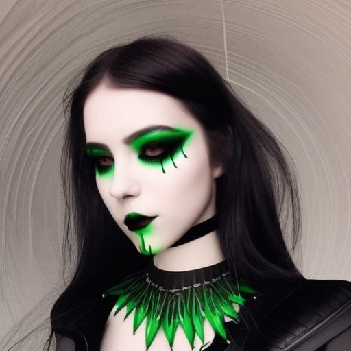 Ethereal gothic young lady with long black hair& green eyes&...