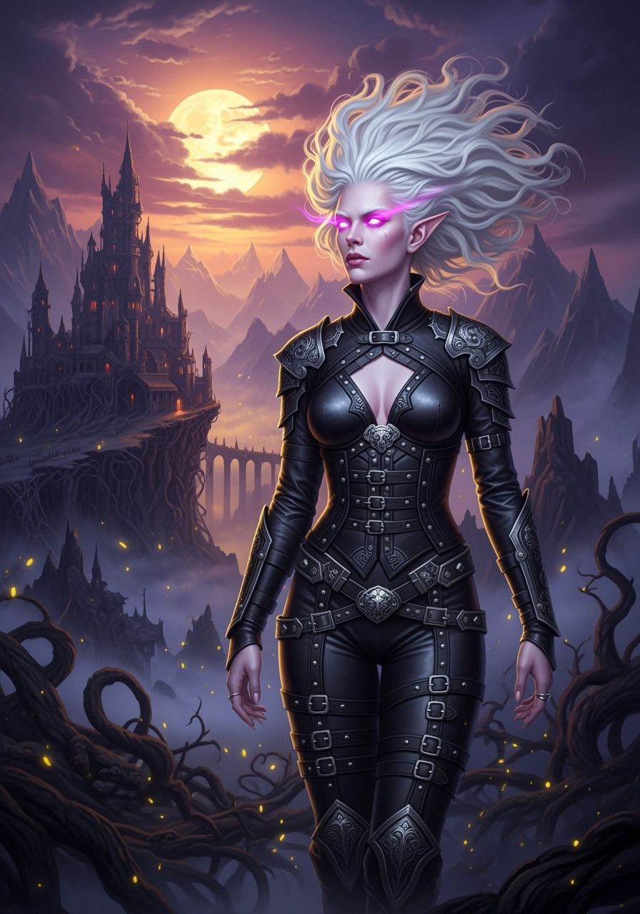 Albino Elf in Black Leather with Glowing Pink Eyes