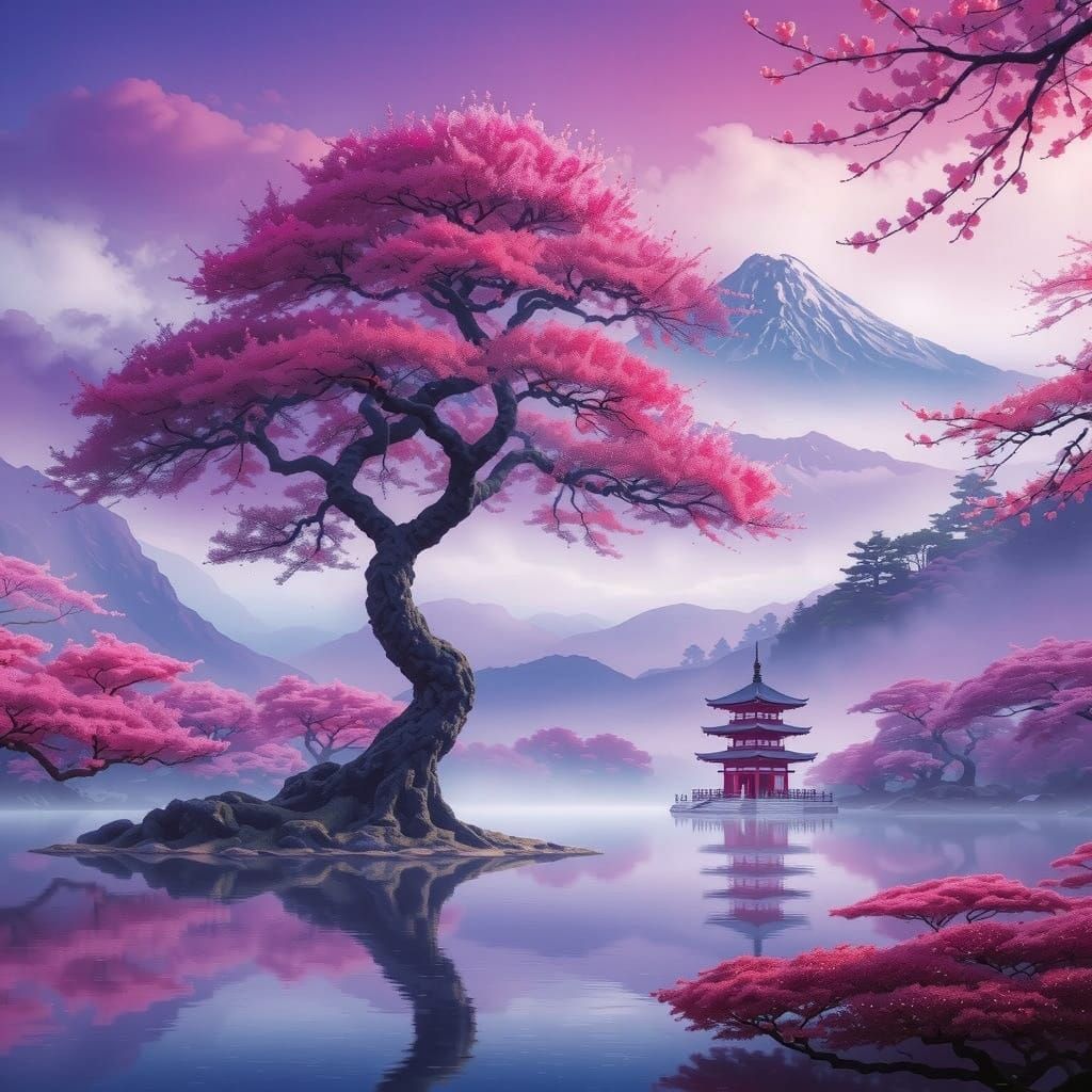 Majestic Sakura Tree Surrounded by Vibrant Colored Mists