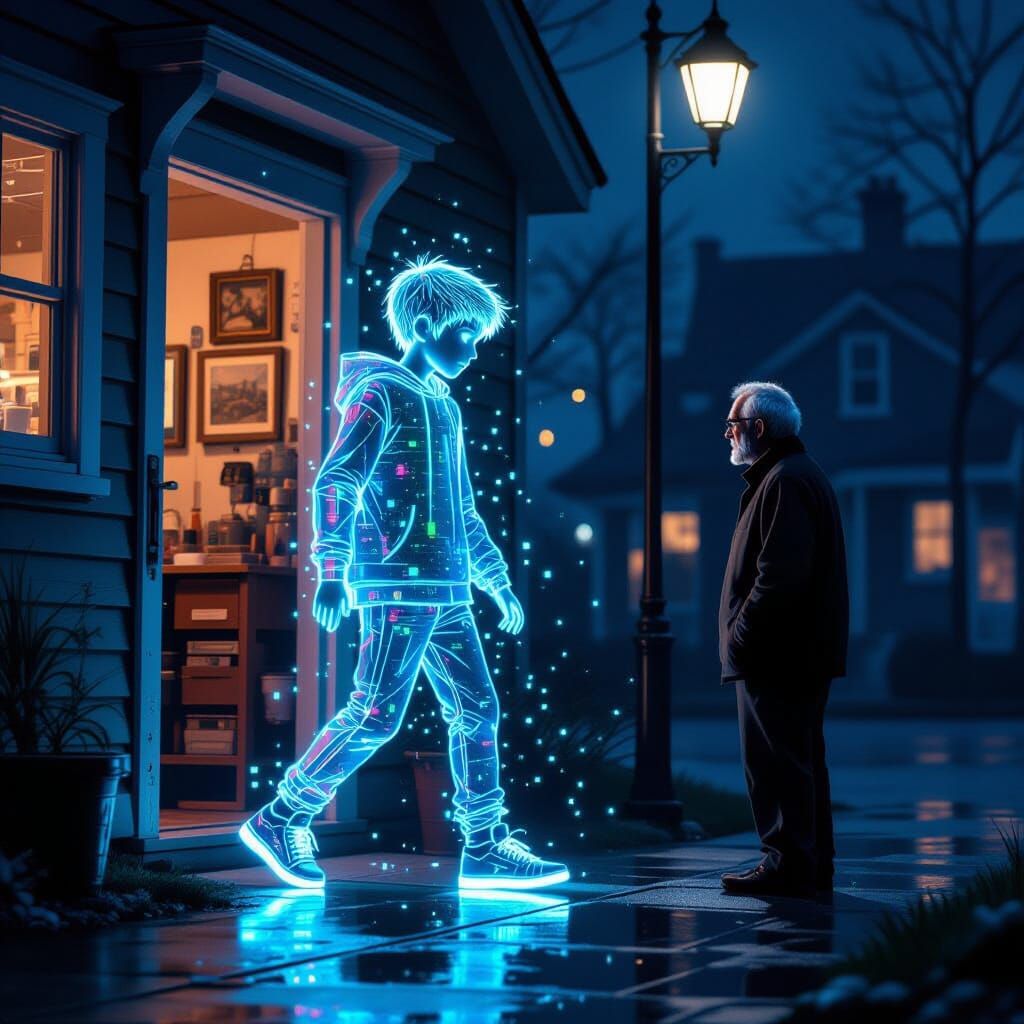 Pixelated Teen Steps into Night in Retro-Futuristic Style