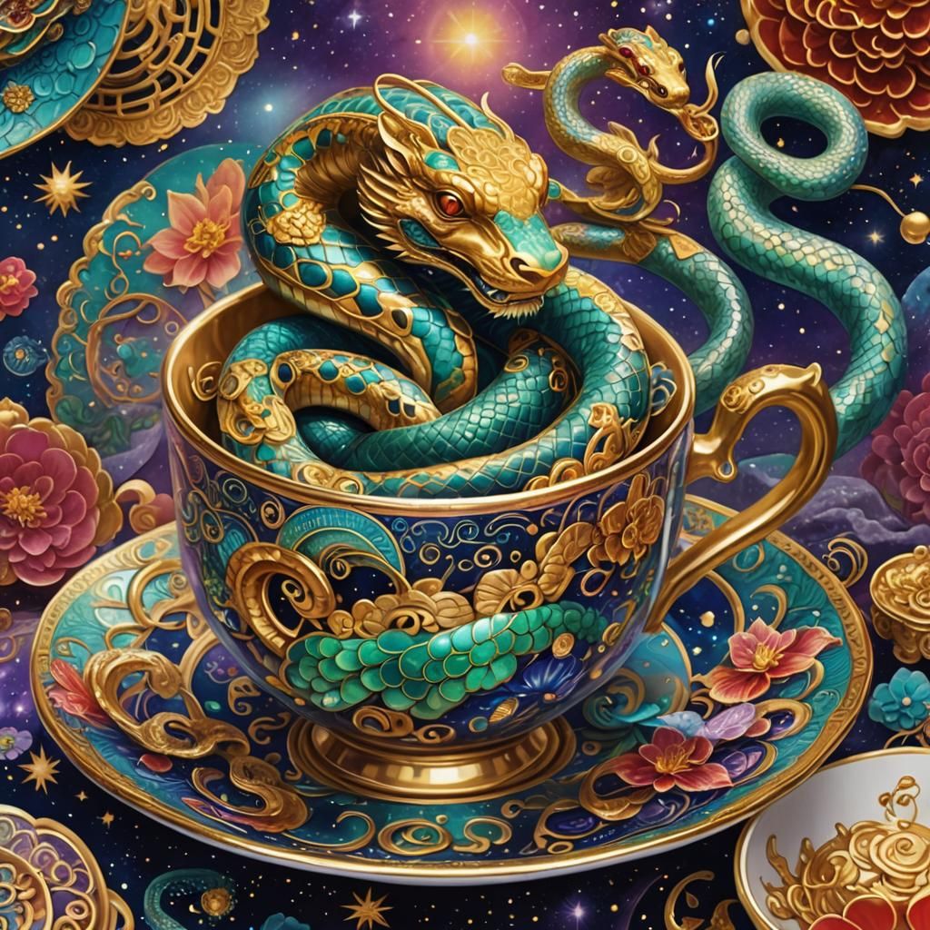 Chinese Zodiac Snake on China Cup: Cosmic Illustration