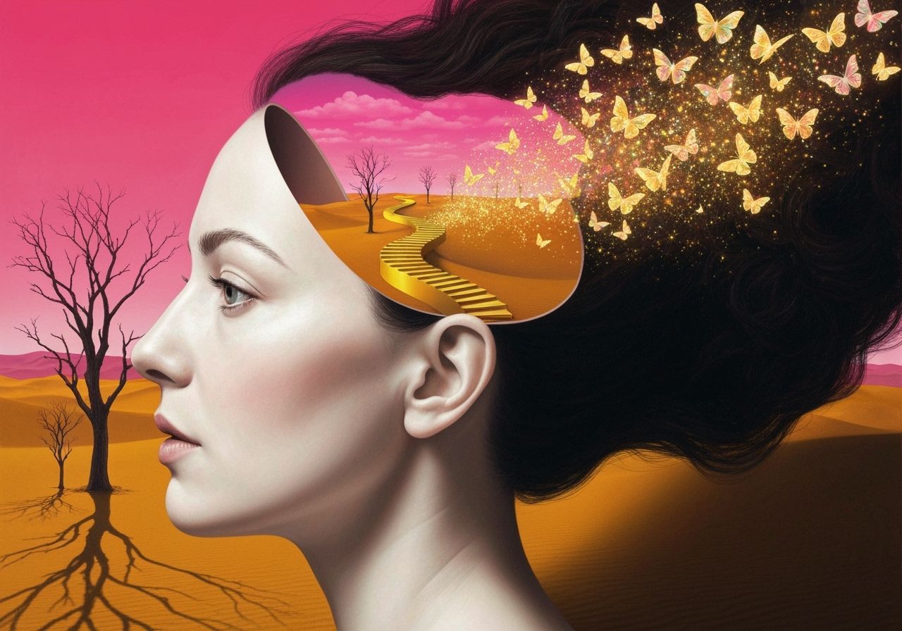 Surreal Portrait: Golden Staircase to Desert Landscape