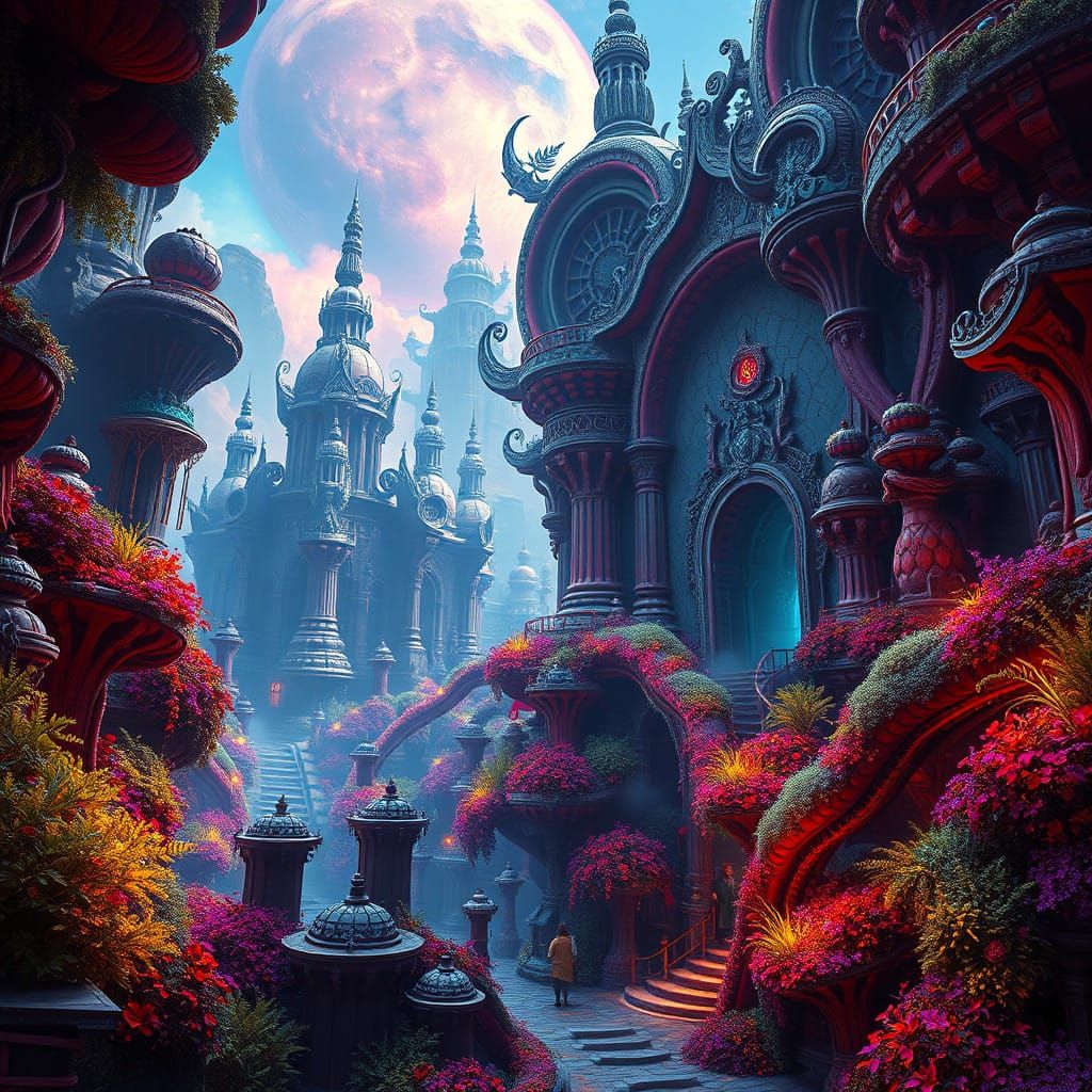 Ethereal Fantasy Realm in Vibrant, Swirling Architecture