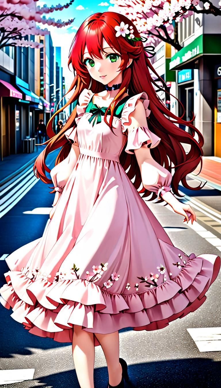 Anime Girl in Tokyo with Cherry Blossom Dress