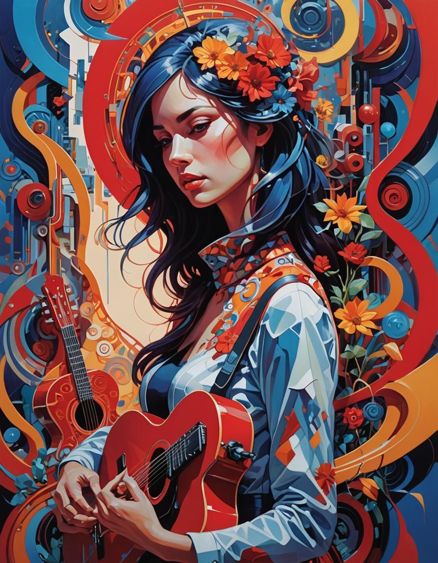 Cubist Woman's Surreal Guitar Dreamscape