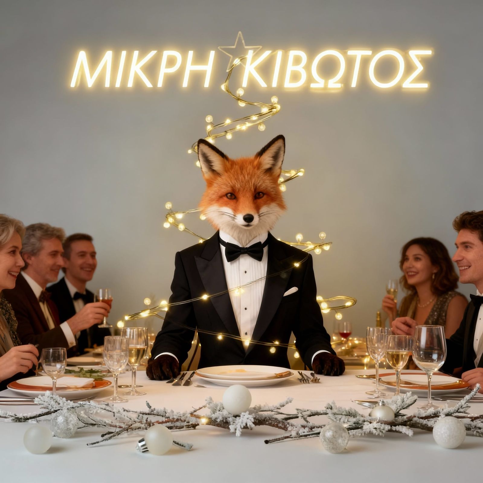 Anthropomorphic Fox in Tuxedo at Dinner Party