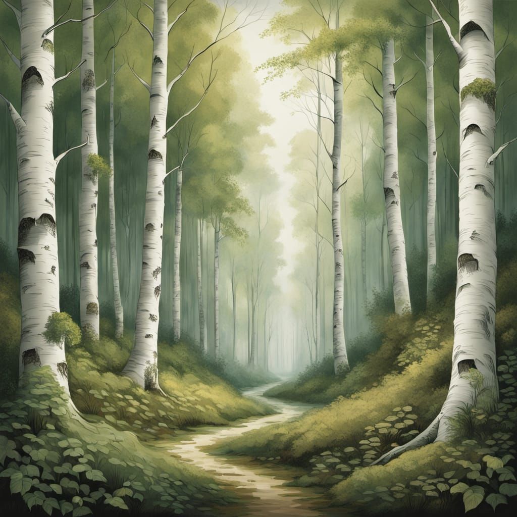 Mystical Birch Forest Cathedral in Renaissance Style