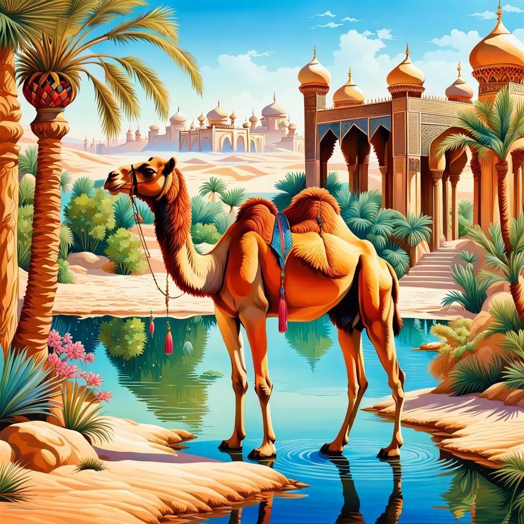 Romantic Camel Oasis in Smooth Ink Style