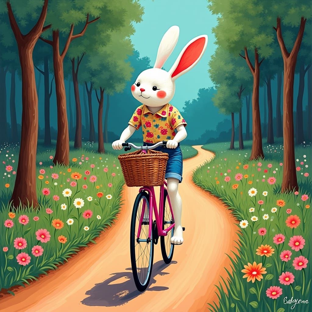 Rabbit Rides Pink Bike in Abstract Art Style