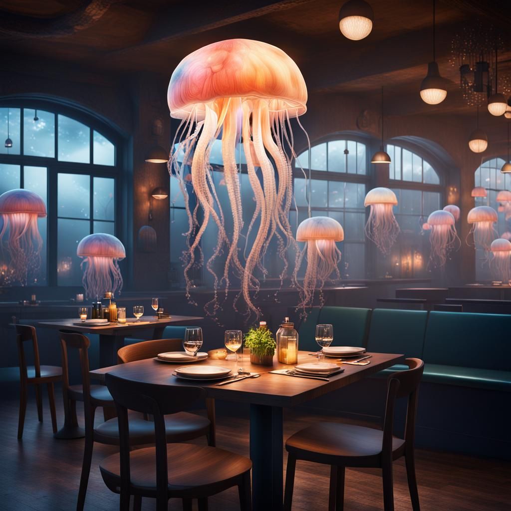 Jellyfish Lamp Creates Cozy Atmosphere in Restaurant