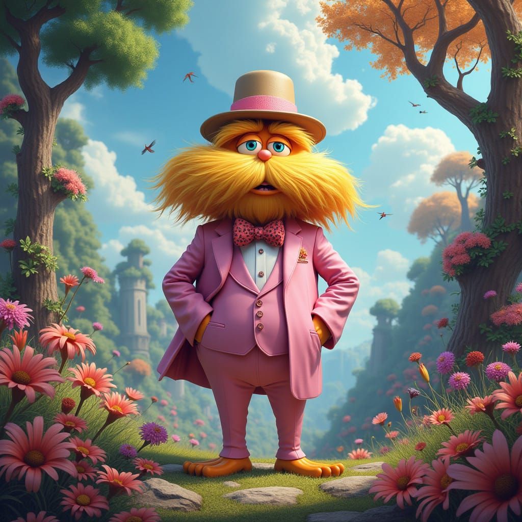 Charming Lorax in Pastel Pink Suit Stands in Whimsical Fores...