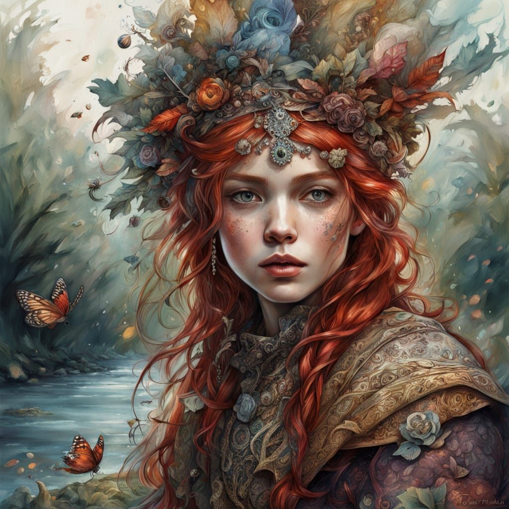 Serene River Witch Portrait in Acrylic Splash Style