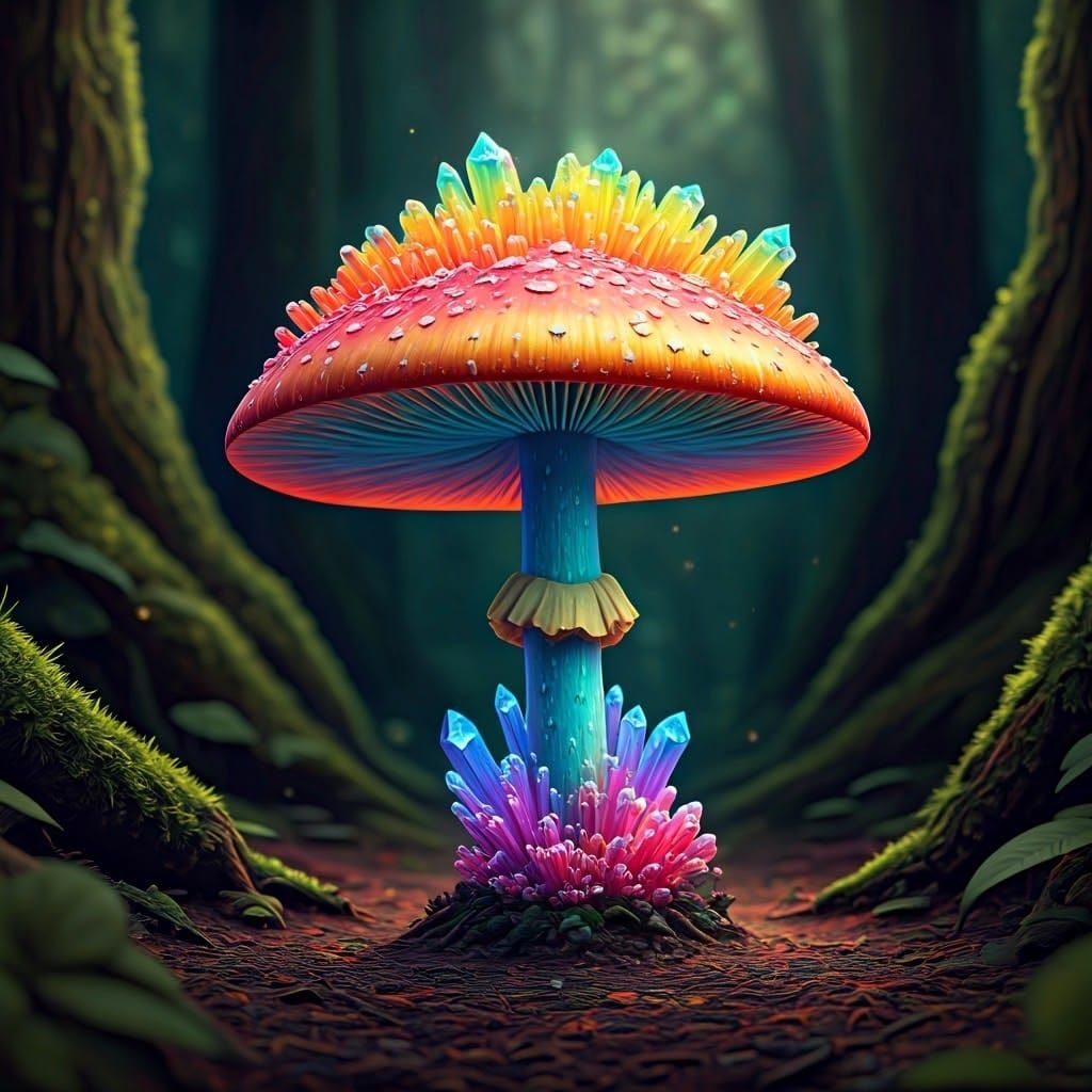 Rainbow Mushroom with Swirling Rainbow Crystals