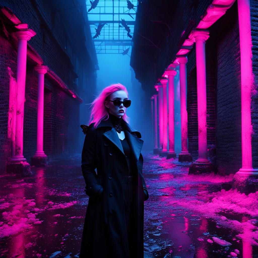 Goth Model in Neon-lit Coffee Shop: Black and White Photogra...