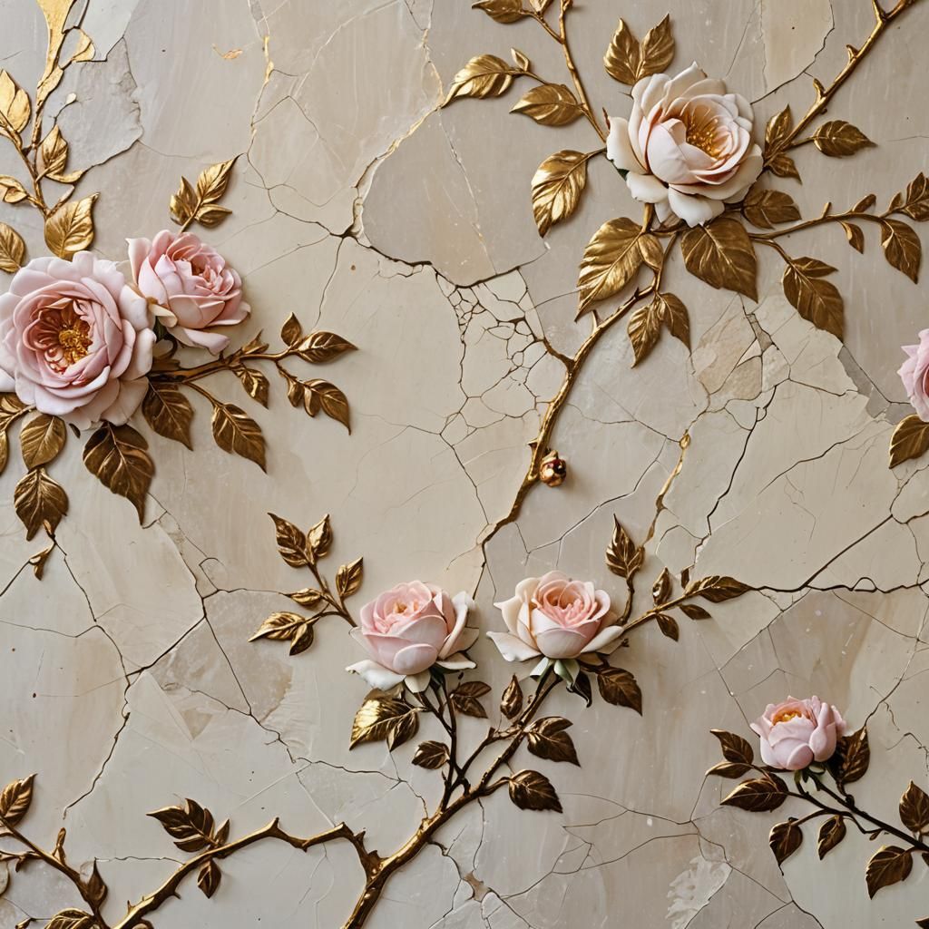 Cracked Wall with Gold Kintsugi and Roses