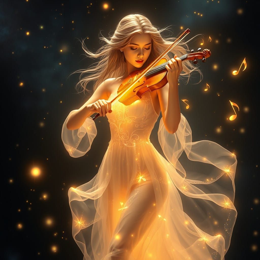 Ethereal Fantasy: Luminous Woman Plays Radiant Violin Amidst...
