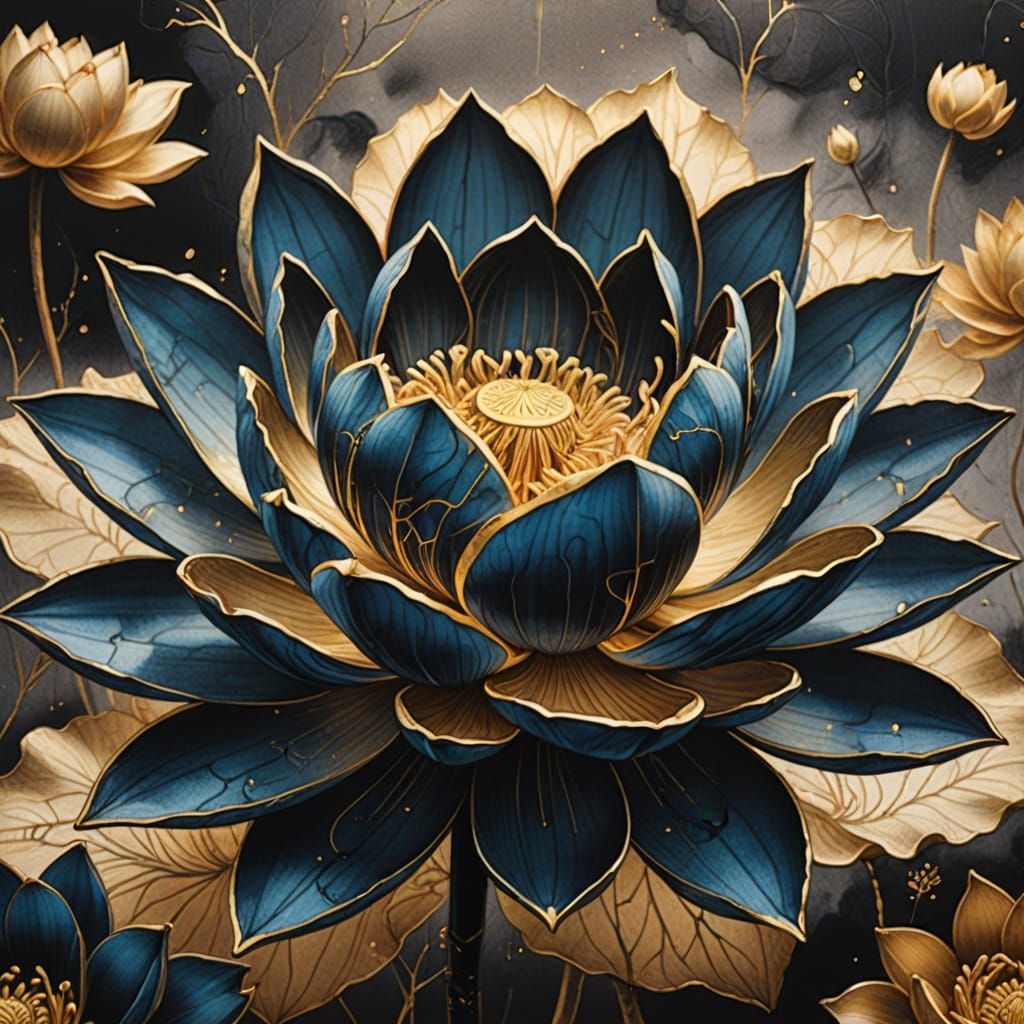 Intricately Detailed Lotus Bloom in Charcoal and Gold