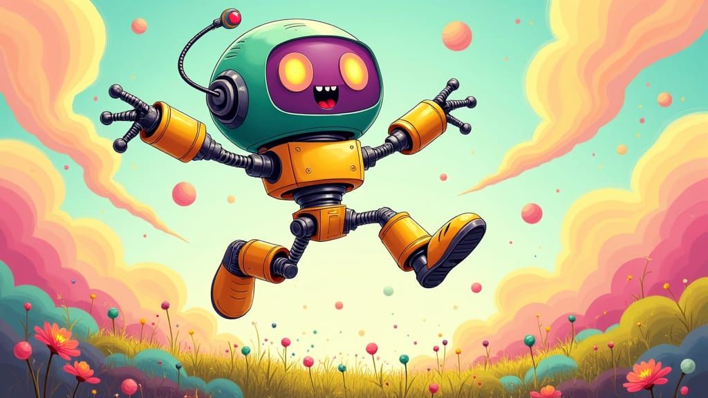 A whimsical illustration featuring joyful robot jumping in m...