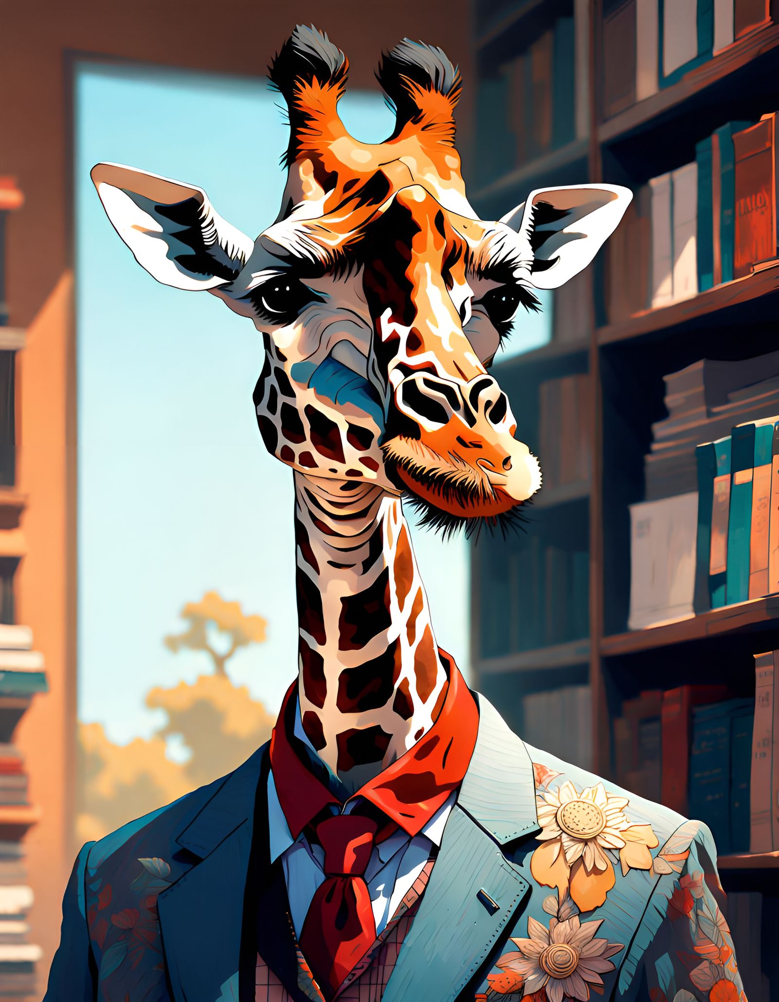 Giraffe Librarian Portrait: Elaborate Digital Artwork