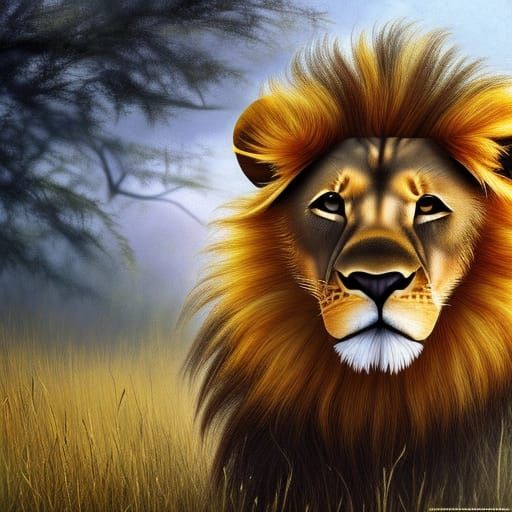 Elegant Lion in African Savannah: Digital Airbrush
