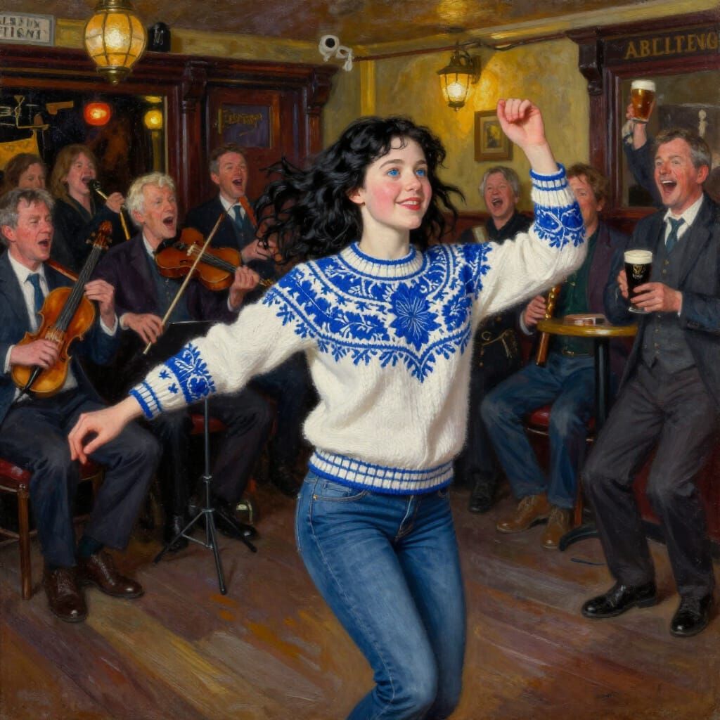 Irish Dancer in Pub, Oil Painting Style